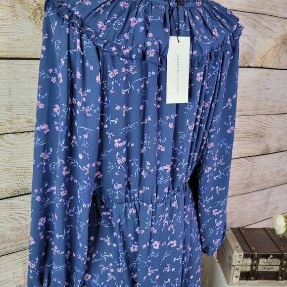 Collective‎ Concepts Women Midi Dress Floral Print Long Sleeve Blue Medium NWT - Picture 7 of 8